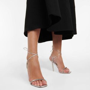 Sandalias de diamantes de imitación de plata con punta abierta para mujer, zapatos de tacón alto con lazo cruzado cuadrado, zapatos de moda para mujer 2023