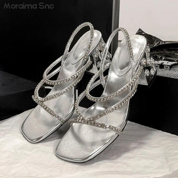 Sandalias Rhinestone Plata Correa delgada Una palabra Punta cuadrada Raíces de cristal Moda sexy Zapatos de mujer de tacón alto