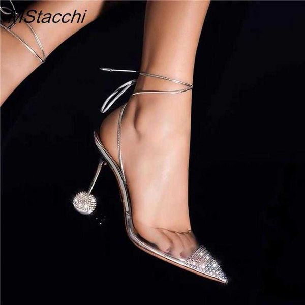 Sandales strass doux clair Pvc femmes de luxe été bout pointu chaussures de mariage fait à la main Sexy bride à la cheville à talons hauts 230406