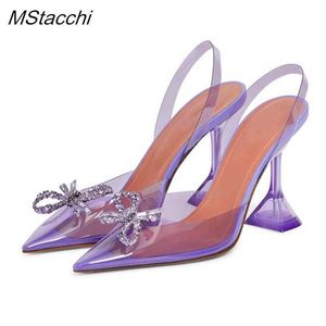 Sandalen Rhinestones bowknot dames pompen heldere hakken voor transparante schoenen zomer pvc slingback hoge hiel dames jelly schoen 230406