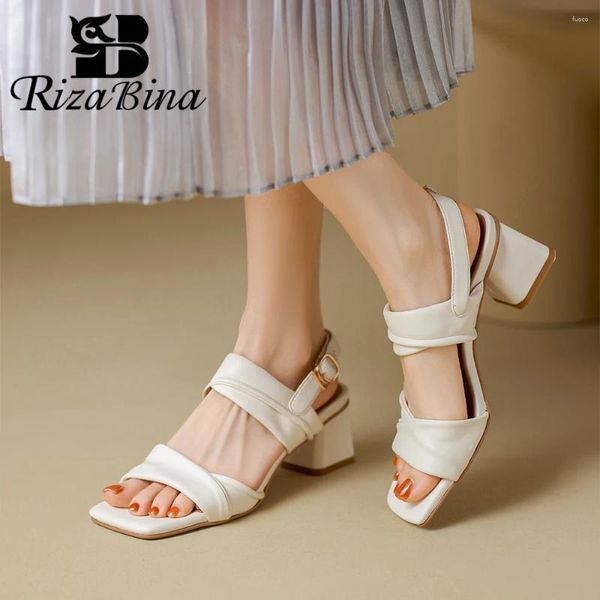 Sandales Rizabina Real Leather Femmes Fashion Square Toe Chunky High Heels Chaussures Feme Back Summer Beach Footwear Handmade