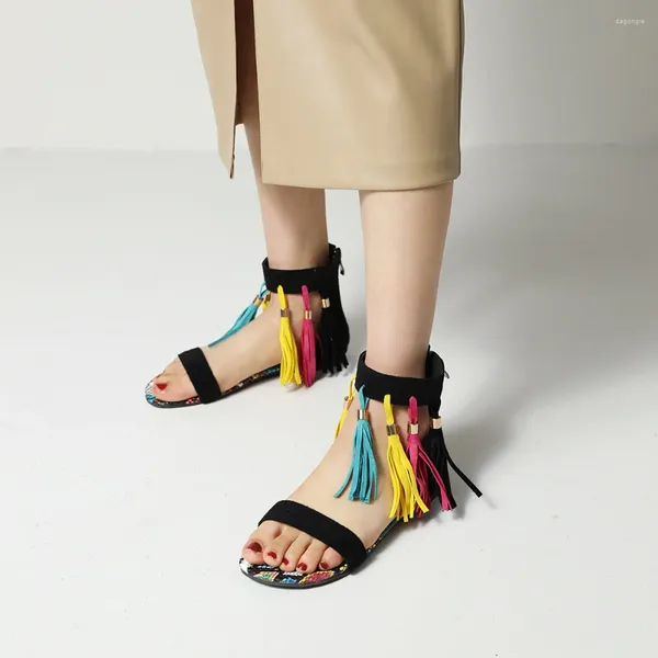 Sandalias Estilo romano Cinta de color Moda Flock Borla Patrón de serpiente Forro Sandalia de verano Cuero esmerilado Zapato de mujer colorido