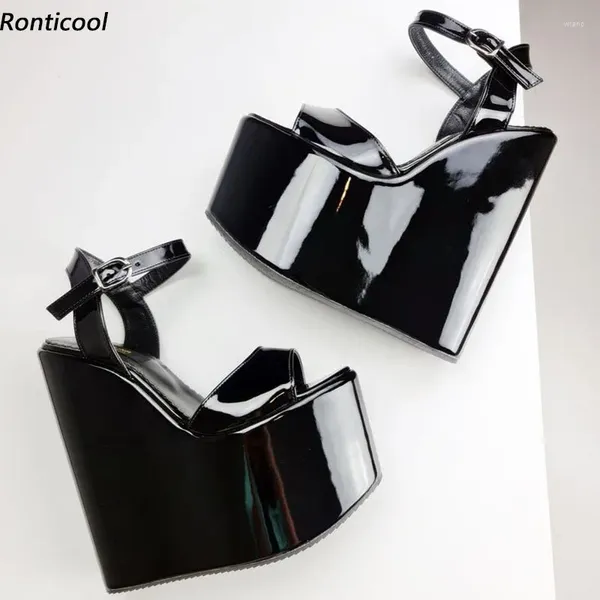 Sandalias Ronticool Mujeres Plataforma de verano Cuñas Tacones altos Punta redonda Elegante Zapatos de fiesta negros Damas EE. UU. Talla grande 4-15