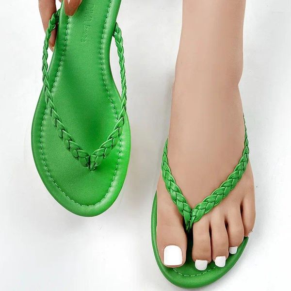 Sandalias Cuerda Tejida Cordones Elegantes Y Moda Zapatos De Mujer Verde Transpirable Plana Flip Flop Mujer Verano Para