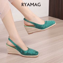 Sandales RYAMAG talons hauts femmes chaussures compensées haute plate-forme Espadrilles Quare tête décontracté femmes sandales chaussures de mode tissage semelle naturelle Z0224