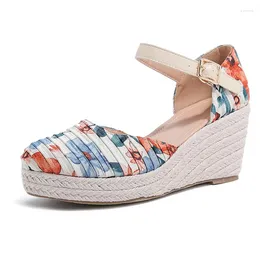 Sandales Ryamag Espadrilles compensées pour femmes, chaussures à plateforme pliables, escarpins plats décontractés, imprimé floral, été