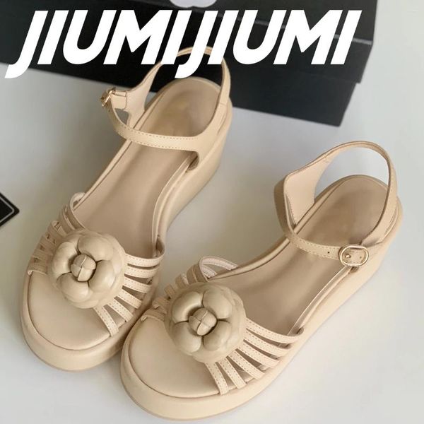 Sandalias S 2024 Jiumijiumi Zapatos de mujer hechos a mano Cadenas de flores sólidas Decora de tobillo Strep Hollow Concise