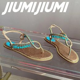 Sandals S Jiumijiumi Handmade Woman chaussures plats solides avec une bande étroite décontractée.