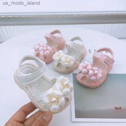 Sandalen Sandalias Baby Girls Sandalen 2023 Nieuwe Summer Sweet Flower Pearl Princess Shoes Soft Solel240429