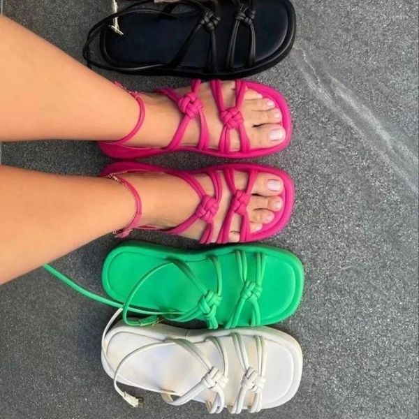Sandalias Sandalias De Mujer Verano 2024 Zapatos De Plataforma Punta Redonda Botón Correa Suela Gruesa Playa Tejida Para Mujer