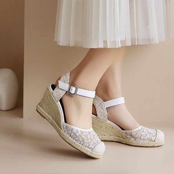 Sandalias Sandalias Mujer Promoción Tobillo-wrap Sapatos Mulher Cuñas Zapatos De Tacón Punta Cerrada Damas Slingback Blanco