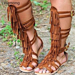 Sandales vente découpes genou haute sandale bottes femme mode boucle frangée Strappy Falt Gladiator Summrt