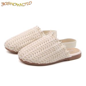 Sandalen Sepatu Anak Perempuan Musim Semi Panas Datar Anak Anak Desain Rajutan Tenun Sandal Mode Lembut Manis Putri Untuk Balita 230516