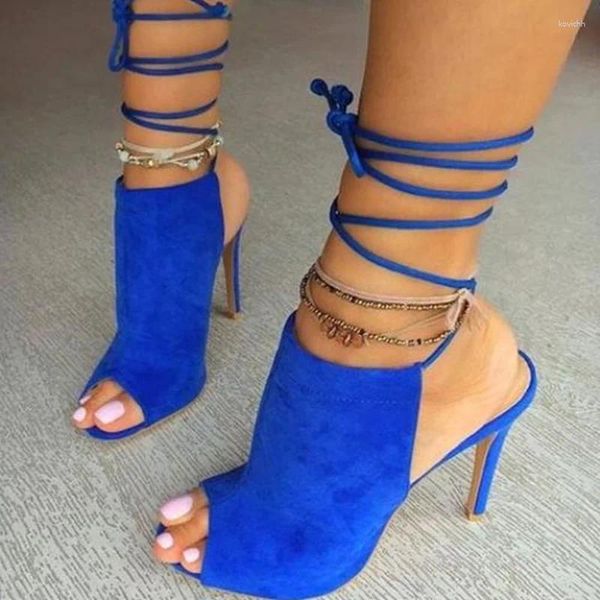 Sandalias Sexy Azul Gamuza Tobillo Correa Zapatos Peep Toe Lace-up Recorte Gladiador Tacones Bombas Vestido de fiesta alto Tamaño 10 Personalizado