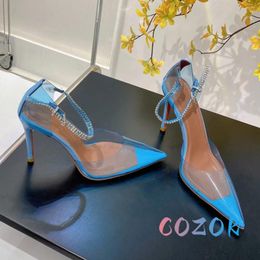 Sandalias sexy azul TPU transparente punta puntiaguda cubierta tacón cristal tobillo hebilla tacón alto zapatos de vestir de marca de alta calidad