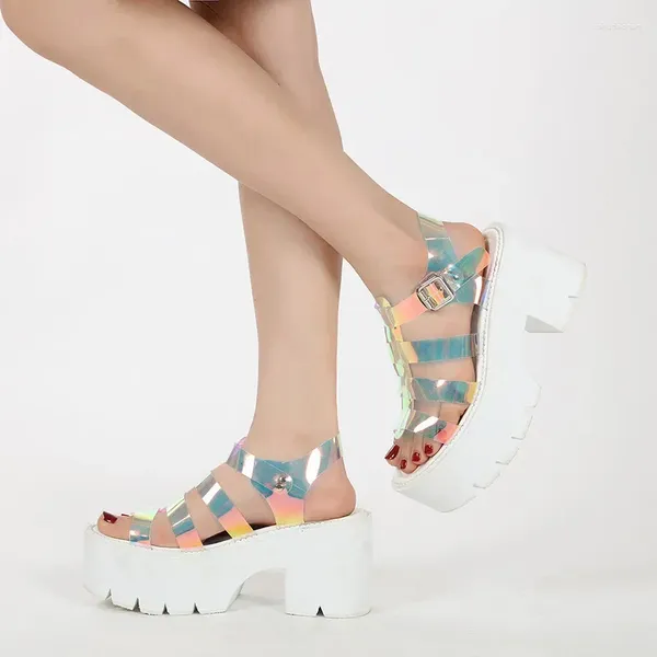 Sandalias Sexy Color Plataforma gruesa con tacos para mujer en punta abierta Tobillo Hebilla Correa Tacón de bloque Zapatos de gladiador blancos