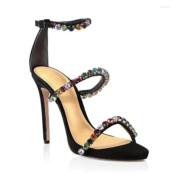 Sandalias Sexy Colorido Rhinestone Cosido Strappy Mujer Stiletto Tacón alto Galdiator Recorte de verano Giltter Crystal Banquete Zapatos