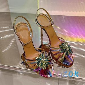 Sandalias Sexy Flores de cristal Color degradado Cinturón hueco Verano Serpiente Patrón Peep Toe Tobillo Hebilla Zapatos de vestir de noche para mujer