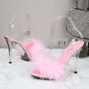 Sandales sexy plumes fourrure talons hauts pvc chaussures cristales peep-toe 11cm pompes d'été d'intérêt des femmes