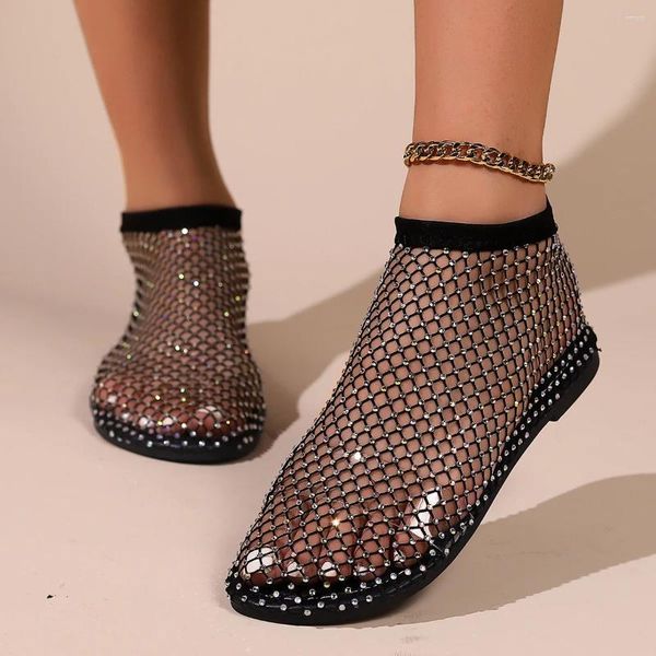 Sandalias sexy ahuecadas botas cortas de malla para mujer 2024 moda de verano diseño de diamante punta redonda zapatos planos dama casual negro