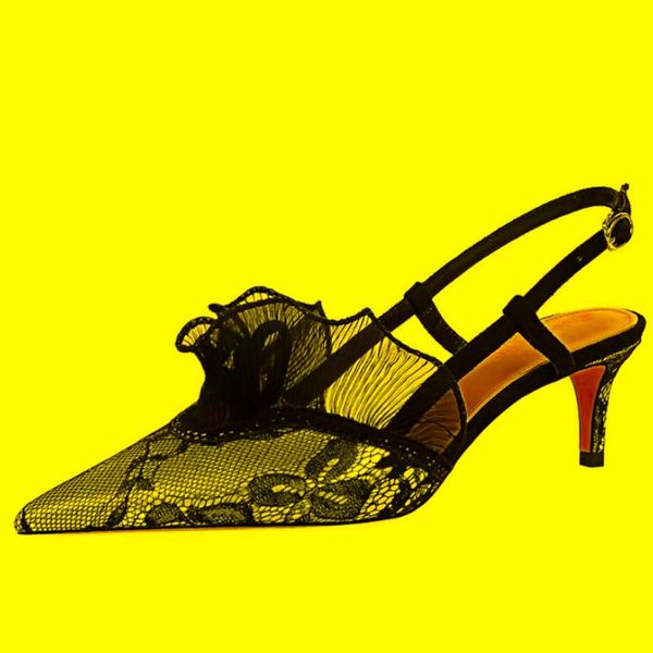 Sandalias sexis con tacones de gatito, zapatos de tacón de encaje de malla para mujer, zapatos de fiesta bajos para mujer, sandalias negras con hebilla de primavera 2022