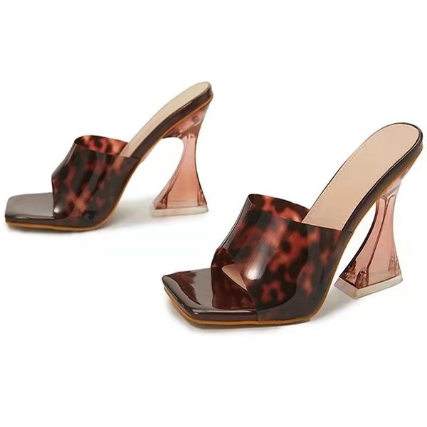 Sandalias sexis de tacón con estampado de leopardo para mujer, zapatos de tacón alto con punta abierta de cristal transparente, zapatillas de moda para mujer, sandalias 2022