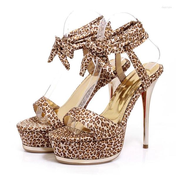 Sandalias sexy estampado de leopardo zapatos de verano de mujer moda seda riband tacones altos plataforma fetiche stripper fiesta femenina