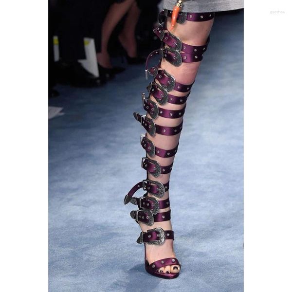 Sandales sexy plusieurs boucles sur le genou stiletto femme été 2024 rose orteil ouvert super longs chaussures de mode pour femmes
