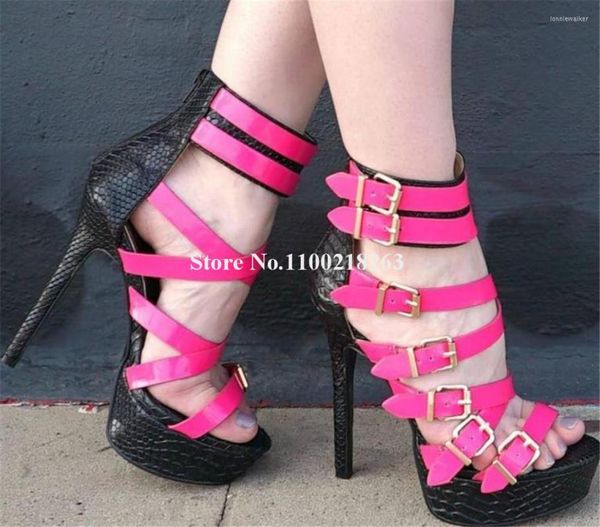 Sandales Sexy Patchwork Sangles En Peau De Serpent Boucles Talon Mince Bout Ouvert Rose Haute Plate-Forme Stiletto Robe Chaussures Talons De Fête