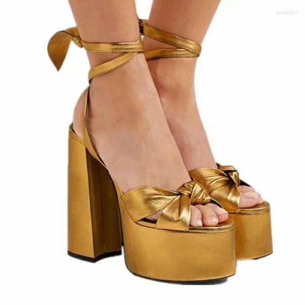 Sandales Sexy Peep Toe Plateforme Sandale À Lacets 14CM Chaussures À Talons Hauts Femme Été Or Bowknot Chunky