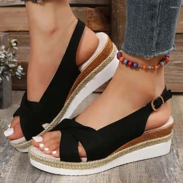 Sandalias sexy peep toe cuña para mujer 2024 moda de verano zapatos de plataforma negros ligeros mujer talla grande antideslizante playa