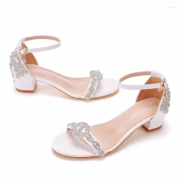 Sandalias Bombas sexy Sandalia Boda Rhinestone Hebilla Correa PU 4 cm Tacón cuadrado Moda Fiesta Mujer Vestido Zapato Blanco Alta Calidad