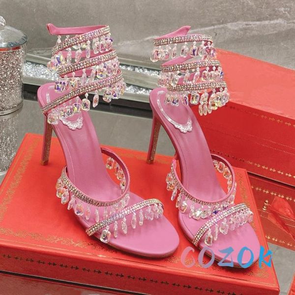 Sandales Sexy Rose-Rouge En Cuir Cristal Lampe Gland Chaussures De Mariage Peep Toe Mince Ceinture Designer Été Luxueux Femmes