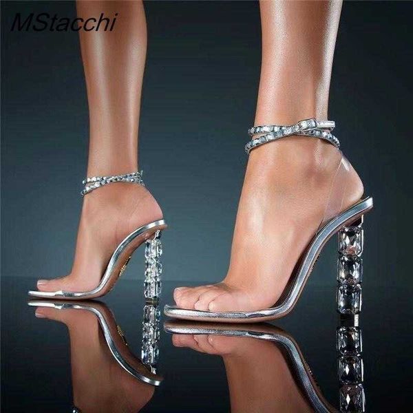 Sandalias Sexy Strange Crystal Heels Mujeres High Peep Toe Tobillo Hebilla Bombas de verano Slingback Brand Runway Dress Shoes 230406