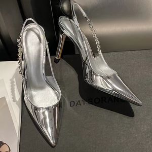 Sandales brillant talons hauts Slingback argent femmes pompes cristal métallique bout pointu chaussures à talons aiguilles robe de soirée femme 230630