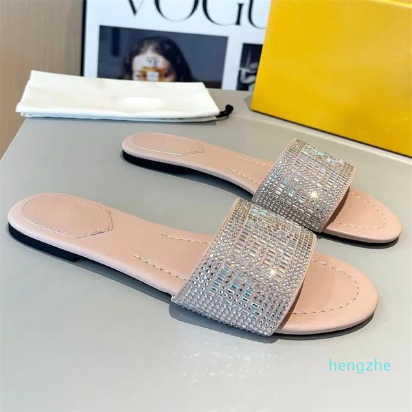 Sandalias Zapatos Cristal Bordado Desnudo Negro Blanco Señora Beach Slide Flats Elegante Walking Slip On Zapatillas EU35-43