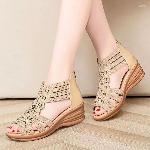 Sandalias Zapatos Mujer 2024 Marca Boca de pescado Moda de mujer Cristal Casual Mujeres Back Zip Wedge Sandalszapatos