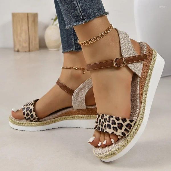 Sandalias Zapatos para mujer 2023 Hebilla Correa Moda para mujer Estampado de leopardo Casual Peep Toe Wedge