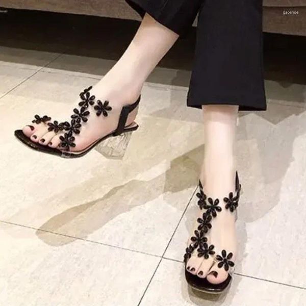 Sandales chaussures pour femmes 2024 bande élastique bout carré strass solides talons épais transparents