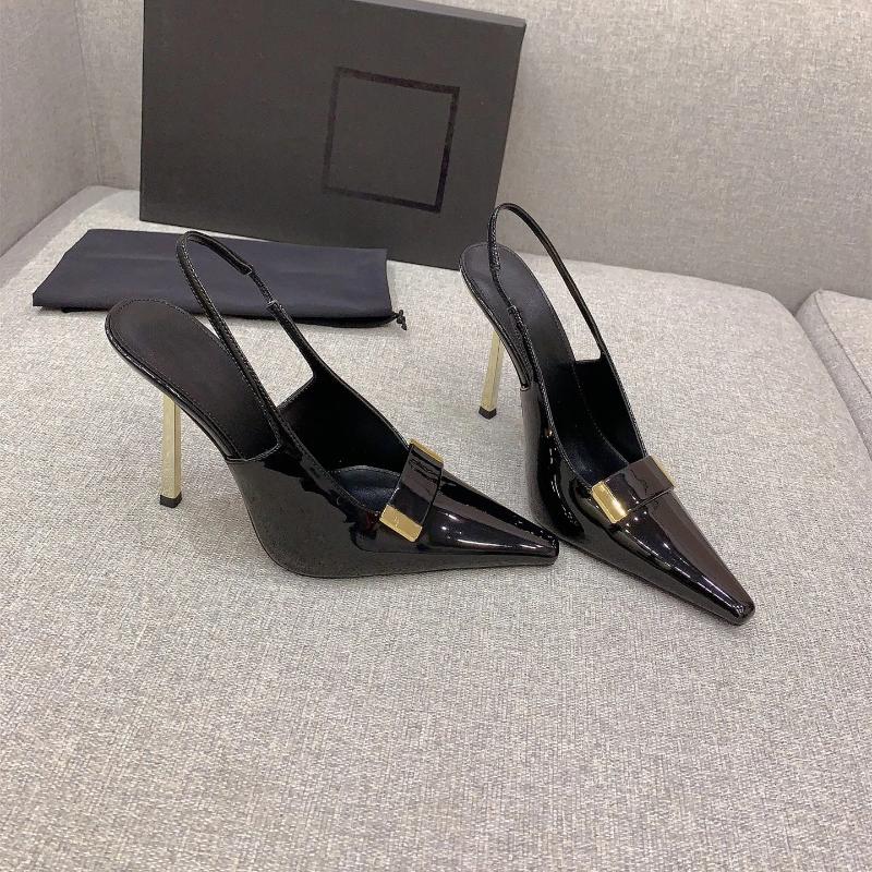 Sandalet ayakkabıları kadınlar için gerçek deri süper yüksek topuklu pompalar Slingbacks metal dekorasyon tasarımcısı zapatillas mujer