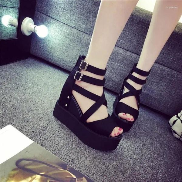 Sandalias Zapatos Mujer Casual Mujer Boca de pescado Plataforma antideslizante Cuña Tacones altos Zueco negro Sexy Fondo grueso Mujer 42