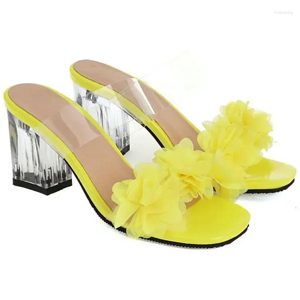 Sandalias Sianie Tianie 2023 Open Toe Bohemian Sexy Lady Zapatos de verano Clear High Heels PVC Correa Amarillo Mujeres Diapositivas con flores