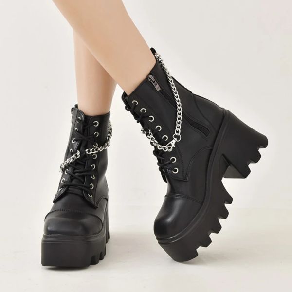 Sandales côté zip femelles chaussures de plate-forme noires gothiques pu en cuir pun femme houle caganer punk chaussures femelle noire bottes courtes