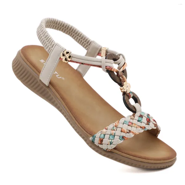 Sandalias SIKETU Marca Novedad Tacón plano Mezcla Color Zapatos de punto Correa elástica Bohe Retro Estilo minoritario Floral Blanco Chica Antideslizante