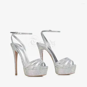 Sandalen Zilver Kristal Platform Stiletto Vrouwen Elegant Rose Goud Hakken Holle Slingback Gesp Ronde Neus Cross Mesh Trouwschoen