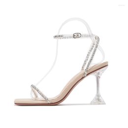 Sandalen zilveren hoge hakken vrouwen zomer 2023 strass clear hiel transparante sexy stiletto feestjurk trouwschoenen