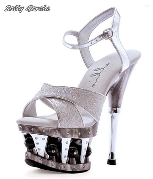 Sandalias plateadas con correa de hebilla abierta tacón transparente gran tamaño 16 cm zapatos de fiesta sexy cristal de plataforma cruzada