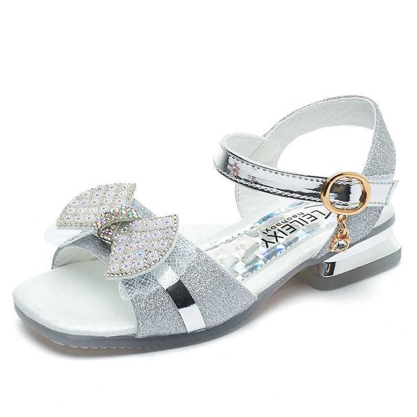 Sandalias Sandalias plateadas brillantes para niños para fiesta Boda Pasarela Dulce Princesa Arco Rhinestones Punta abierta Tacón bajo Niños Moda Niñas Zapatos Z0225