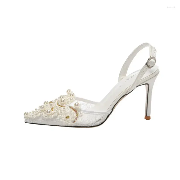 Sandales Taille 33-43 Lace Blanc High Heels Stiletto Heel Pearls Chaussures de mariage Femmes Banquet Bride Brides Drack Back Vide