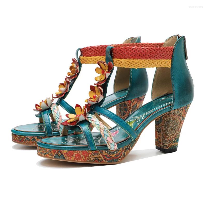 Sandały Rozmiar 36-42 Letnie kolorowe tkaninowe szycie paska Vintage 7,8 cm wysokie obcasy buty na nogach